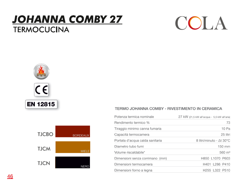 scheda tecnica cucina legna cola termo johanna comby