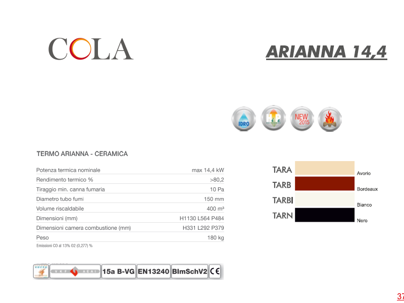 scheda tecnica stufa legna cola termo arianna